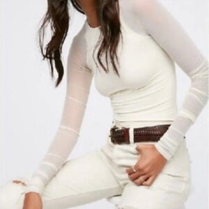 Free People Cream Sheer Sleeve Blouse